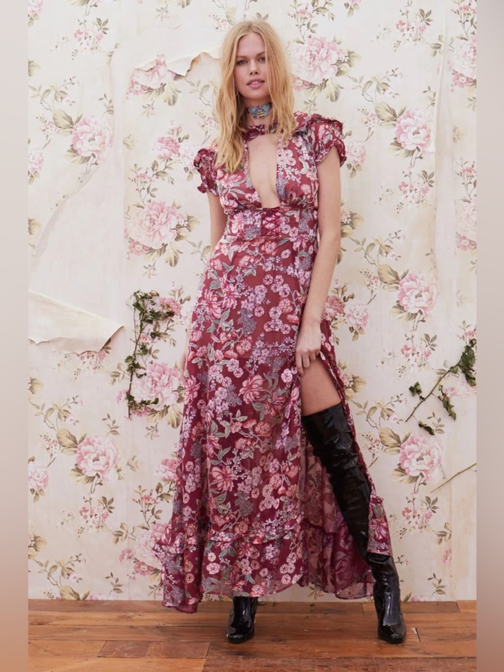 For Love & Lemons Flora Maxi Dress in Berry Floral